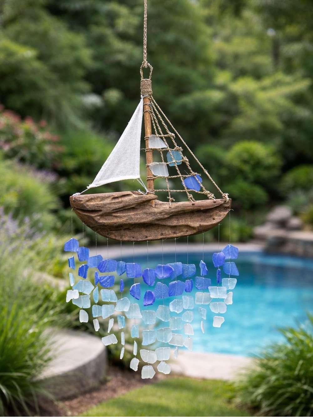 Habini Driftwood Sailboat Sea Glass Wind Chime Java Island NWT Coastal
